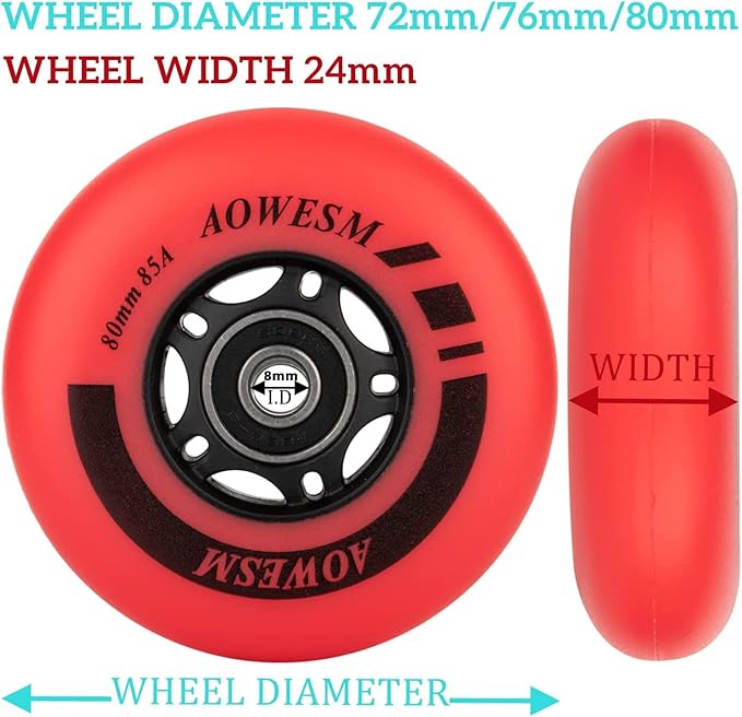 AOWESM Inline Skate Wheels 80mm 76mm 72mm 85a Outdoor Indoor Black Blue Red Roller Hockey Blades Replacement Wheels w/Bearings ABEC-9 and Floating Spacers (8-Pack)