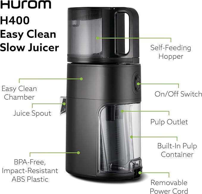 Hurom H400 Cold Press Juicer Machine, Award Winning Masticating Slow Juicer, Easy to Clean, Strainer & Hands Free with Self Feeding, Wide Mouth Hopper, Easy Assembly (Matte Black)