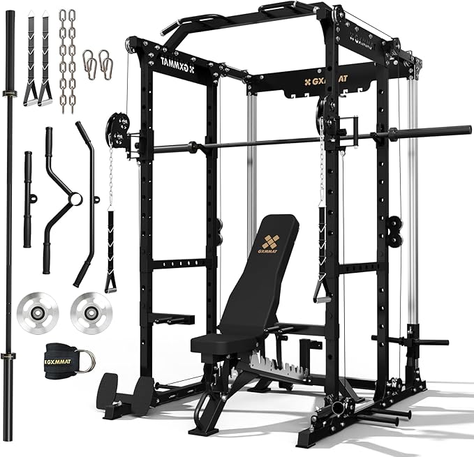 GXMMAT X6 Power Cage, 2200LB Multi-Function Power Rack with Independent Dual Aluminum Pulley System, Squat Rack for Home Gym Strength Training Equipment, Heavy-Duty Steel Construction