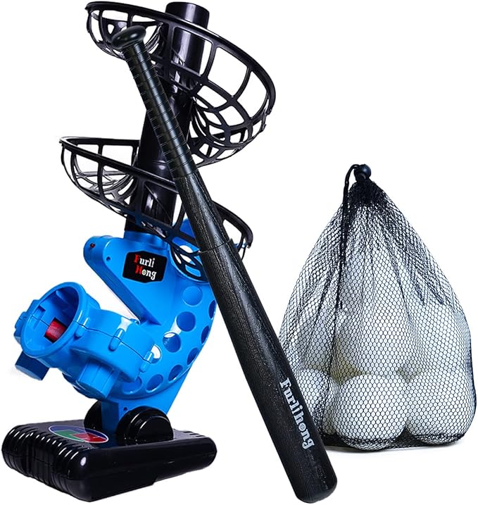 Furlihong 380BH Baseball Pitching Machine, Battery Powered, Angle Adjustable, Comes with Bat and One Dozen Training Balls, for Kids and Beginner