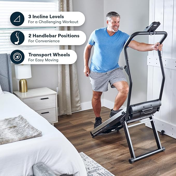 Echelon Stair Climber Sport for Low Impact Cardio at Home – Foldable Design, 3 Incline Levels, Adjustable Resistance, 3 inch Display, Bluetooth, 2 Handle Positions (Battery Powered)