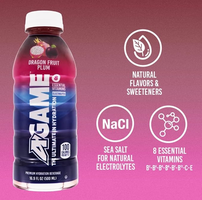 A-GAME Sports Drink, Dragon Fruit Plum, The Ultimate Hydration Sports Beverage for Athletes, 8 Essential Vitamins including B, C, & E plus Natural Sea Salt Electrolytes, All Natural Flavors & Sweeteners, Gluten Free, 16.9 Fl Oz (Pack of 12)