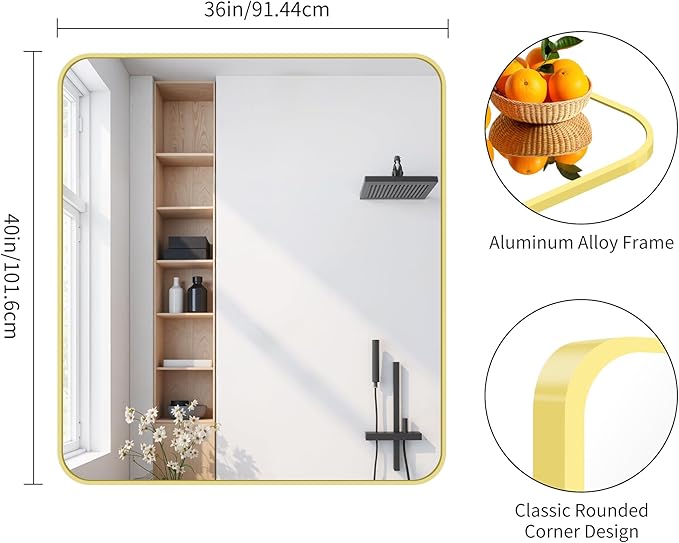 FORBATH 40x36 Inch Gold Bathroom Mirror for Over Sink, Large Rectanglar Wall Mirror with Metal Frame, Rounded Corners for Bathroom, Bedroom, Entryway Decor (Horizontal or Vertical)