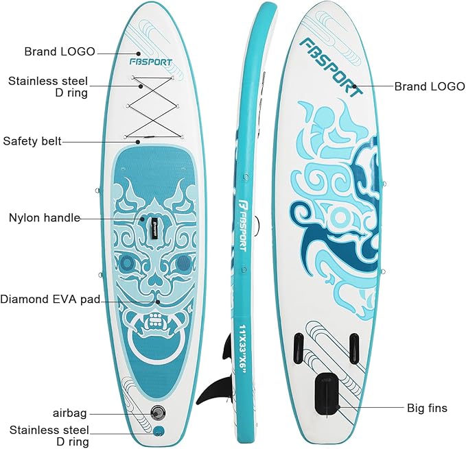 FBSPORT 11' Premium Stand Up Paddle Board, Yoga Board with Durable SUP Accessories & Carry Bag | Wide Stance, Surf Control, Non-Slip Deck, Leash, Paddle and Pump for Youth & Adult