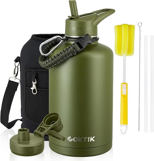 COKTIK 84oz Water Bottle with Straw - Triple Insulated Flask, 48hr Cold Retention Large Water Bottle, Leakproof Water Jug for Gym, Hiking, Camping, Outdoor Sports(Army Green)