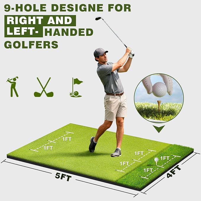 Heavy-Duty 5x4FT Golf Hitting Mat – Dual Turf Design Simulates Fairway & Rough for Real Course Feel, Indoor/Outdoor Practice Mat for Full Swing & Chipping Training, Easy Carry Strap