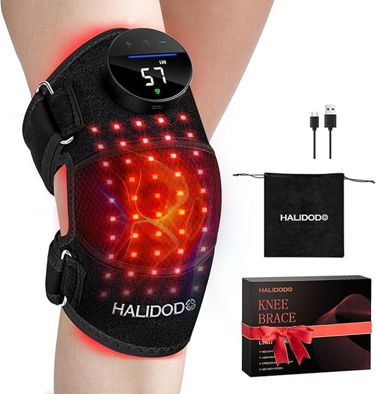 HALIDODO Red Light Therapy & Vibration Massage Knee Brace - Wireless Rechargeable Controller, 660nm&850nm Red Light Therapy Heated Device for Knee/Joint/Elbow/Shoulder Pain Relief, Black.