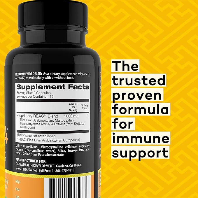 Daiwa PeakImmune4 Natural Immune Support Supplement with RBAC Rice Bran and Mycelia Extract from Shiitake Mushrooms - Ultra Strength