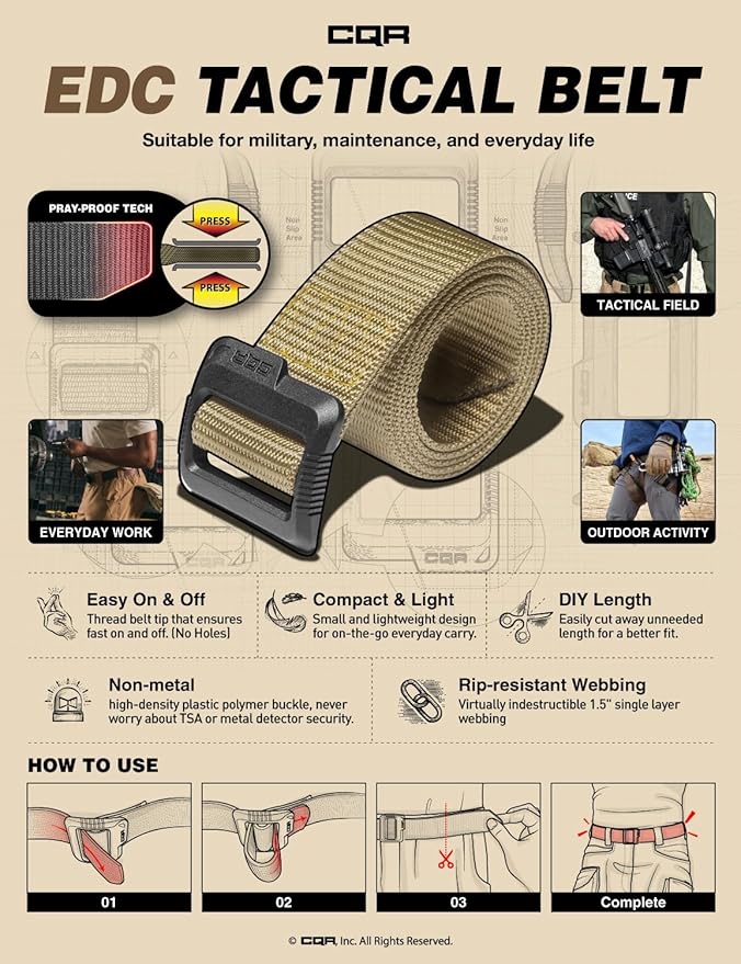 CQR Tactical Belt, Military Style Heavy Duty Belt, Webbing EDC Quick-Release Buckle