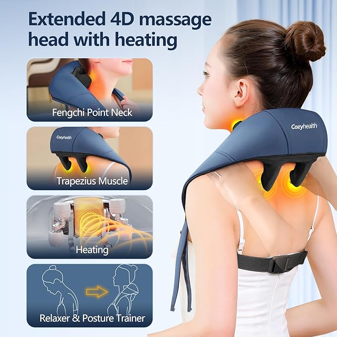 Cozyhealth Neck Massager for Neck and Shoulder with Heat, Shiatsu Neck and Upper Back Massager, Portable Cordless Electric Kneading Neck Massager for Pain Relief Deep Tissue (Dark Blue)