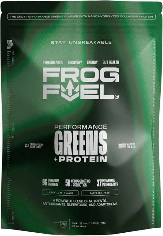 Frog Fuel Performance Greens Protein Powder, Nano-Hydrolyzed Grass Fed Protein Greens Powder, 5B CFU Probiotics/Prebiotics, 9G Protein, 7 EAAs, Energy & Muscle Support, Lemon Lime 30 Servings