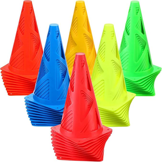 60 Pieces Plastic Agility Cones, 9 Inch Indoor Outdoor Training Sport Cone, Soccer Flexible Cone Sets Marker Cones for Kids Dogs Training, Party, Traffic, Drills, Basketball, Soccer, Assorted Colors