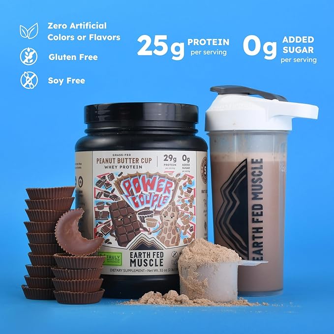 Earth Fed Muscle Power Couple Peanut Butter Chocolate Truly Grass Fed Whey Protein Isolate - NSF-Certified. No Artificial Ingredients, Soy Free, Gluten Free, Non-GMO & Hormone Free 26 Servings
