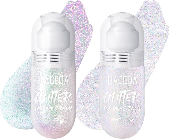DAGEDA 2Colors Roll-on Body Glitter Gel for Body, Hair, Face, Holographic Glitter Makeup for Rave Accessories, Body Shimmer Hair Glitter Gel for Halloween Makeup(Dazzle + Sprakling Pink)