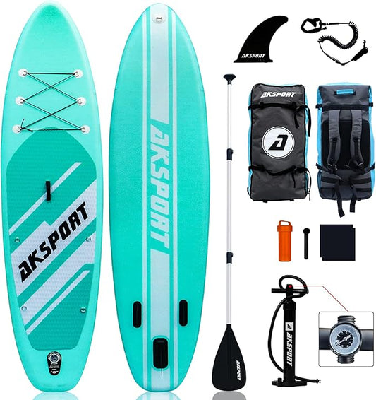 AKSPORT Inflatable Stand Up Paddle Board, SUP Board with All Accessories, Wide Stable Design, Non-Slip Deck, Inflatable Paddle Boards for Youth & Adult