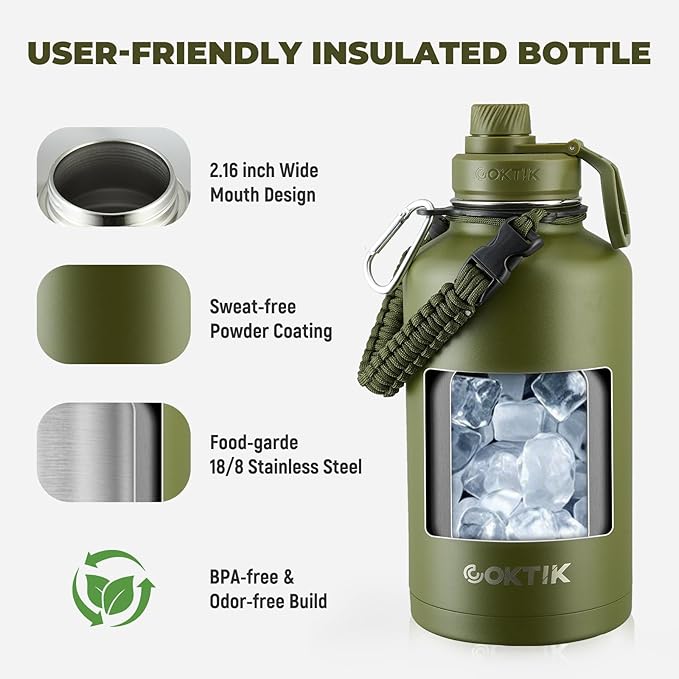 COKTIK Half Gallon Insulated Water Bottle, 64 oz Triple Wall Stainless Steel Flask,Cold for 48 Hrs Leak-Proof & BPA-Free Jug with Paracord Handle, Straw & Spout Lids(2 pack, Army Green)