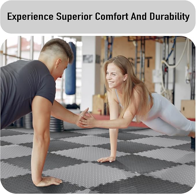 AIRHOP Upgraded 0.79" Extra Thick 48 Sq Ft High-Density Eva Foam Exercise Gym Mats, 12 Pcs Large Interlocking Puzzle Floor Tiles (24"x24") for Home Gym, Black&Gray
