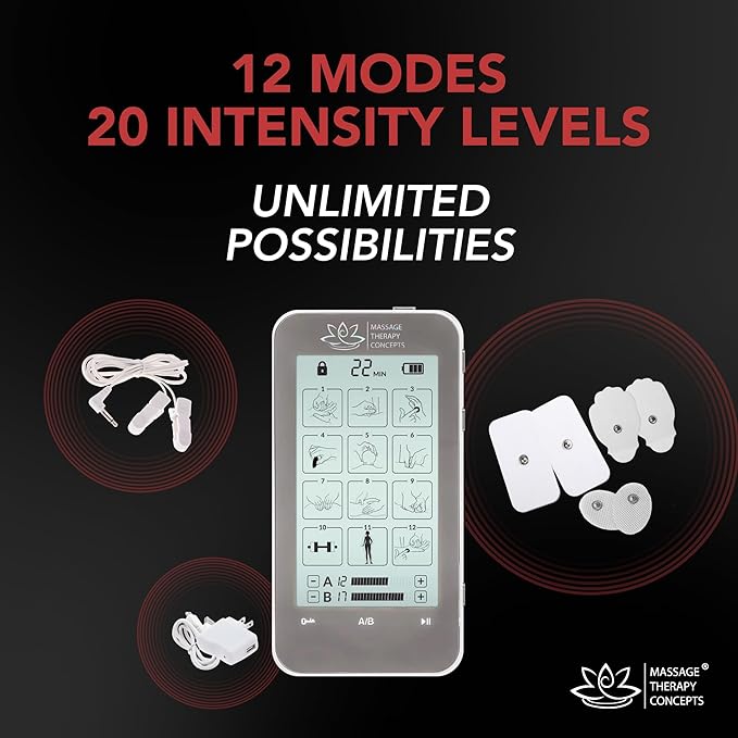 Deluxe TENS Unit Muscle Stimulator & Accessories - Non-Invasive EMS Machine for Neck & Back Pain Relief, Sciatica - Electrotherapy with 12 Modes & 20 Intensity Levels