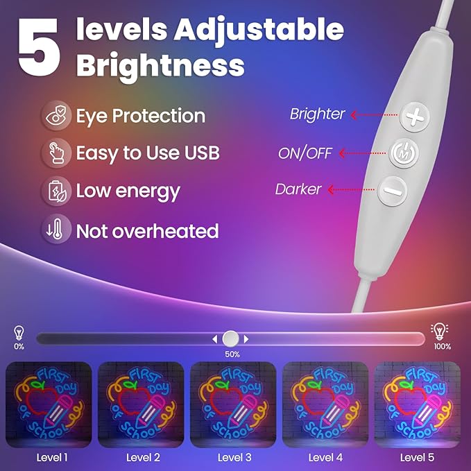 First Day of School Neon Sign for Classroom,Classroom Neon Sign,Colorful LED Back to School Wall Decor,Apple and Pencil Neon Light Sign for Classroom,Preschool,Photo Backdrop,Kids Room