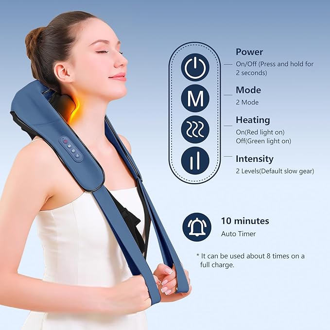 Cozyhealth Neck Massager for Neck and Shoulder with Heat, Shiatsu Neck and Upper Back Massager, Portable Cordless Electric Kneading Neck Massager for Pain Relief Deep Tissue (Dark Blue)