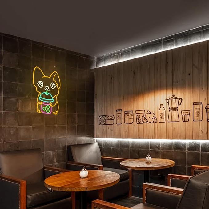 Corgi Neon Sign Bubble Tea Neon Light for Wall Decor Colorful Neon Sign Dog Neon Signs for Bedroom Dessert Coffe Shop Store Business Wall Decoration