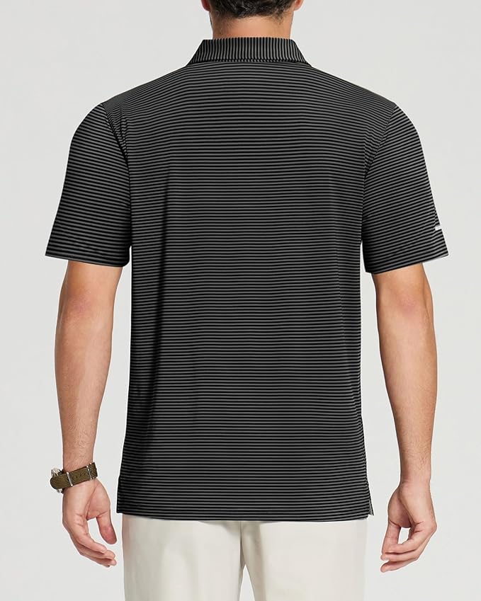 Golf Shirts for Men - Moisture Wicking Short Sleeve Performance Sport Casual Striped Collared Mens Polo Shirt