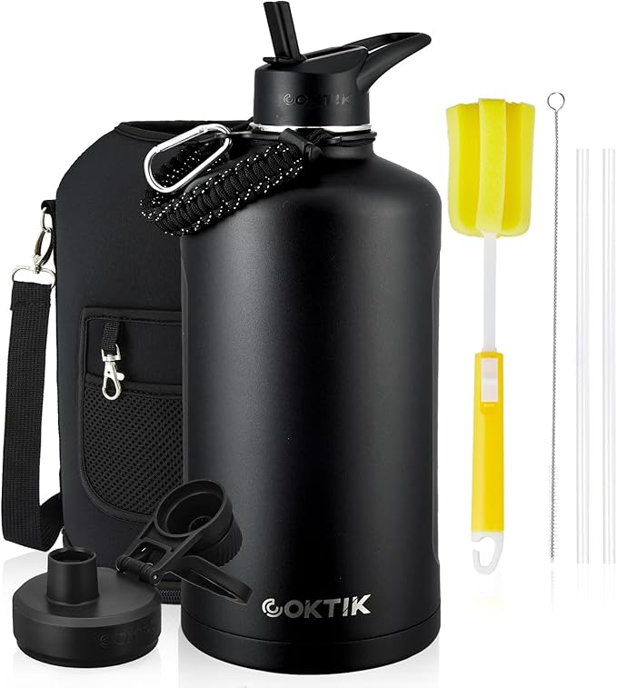 COKTIK 128 oz Insulated Water Bottle, Triple Wall Stainless Steel Flask, Keeps Drinks Cold for 48 Hrs Leak-Proof & BPA-Free Half Gallon Jug with Paracord Handle, Straw & Spout Lids(Black)