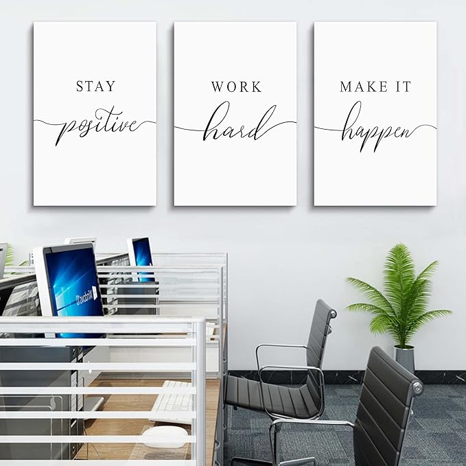 Framed Canvas Wall Art Positive Quotes Painting, Office Wall Art, white Large Poster, Positive Motivational Set of 3 Prints, work hard letters, Inspirational Wall Decor Prints (G-3pcs,24x36inchx3pcs)