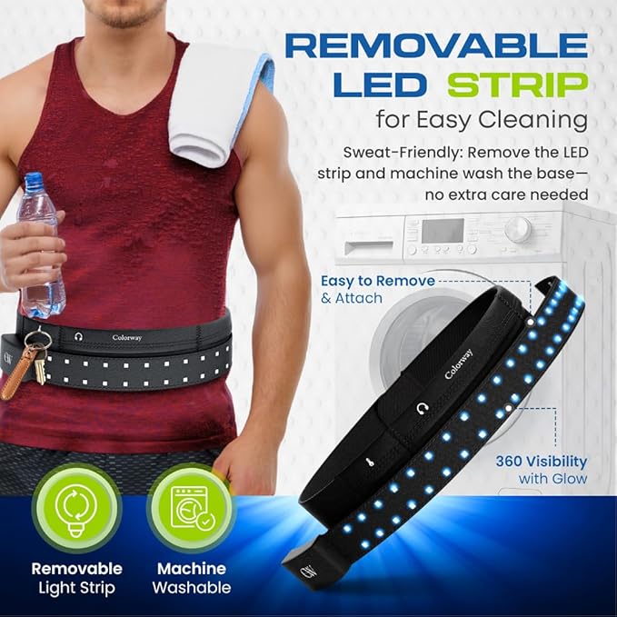 Colorway Led Running Belt – Day & Night Adjustable Waist Pack, Removable Light Strip, 3 Pouches for All Essentials, Reflective Running Gear for Men & Women (Rechargeable, Machine Washable)