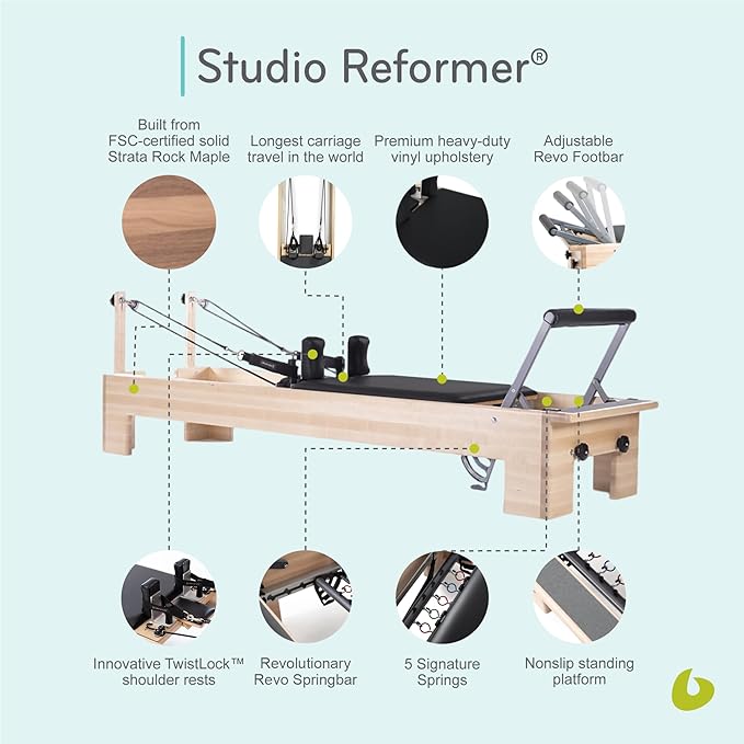 Balanced Body Studio Pilates Reformer with Sitting Exercise Box, Pilates Machine for Studio or at-Home Gym Equipment, Exercise Equipment for Fitness and Well-Being