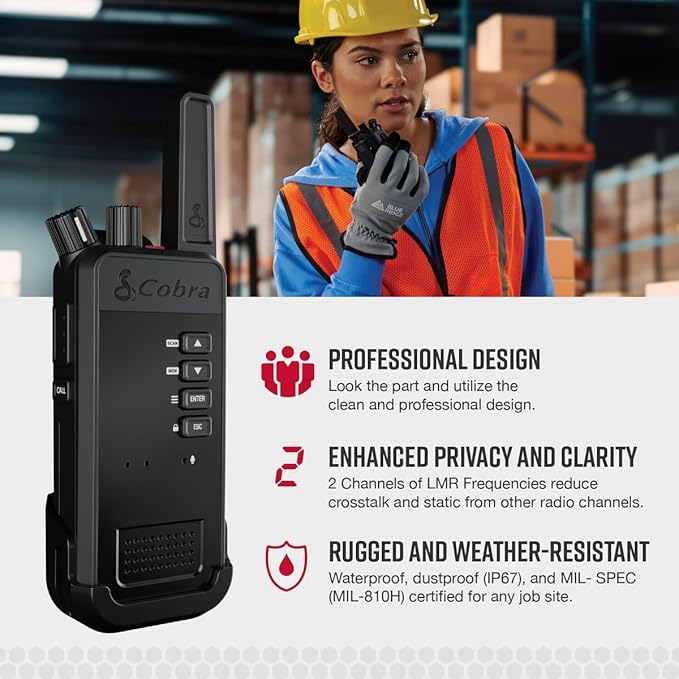 Cobra Performa 400 Business Radio (1-Pack with Dock) - 2-Channel UHF/LMR Professional Two Way Radio, Waterproof Walkie Talkie, Drop Proof, Shockproof IP67 & MIL-SPEC Rated, 18-Hour Li-Ion Battery