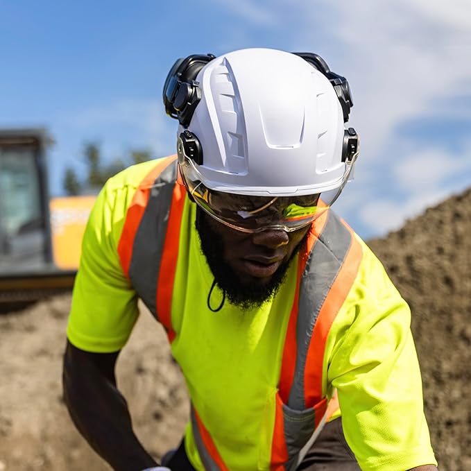 GE Safety Helmet, Impact Absorbing Tech, Adjustable Ratchet, ANSI Type 1, Memory Foam Padding, Hard Hats Protection, Lightweight, Durable, Chin Strap, Comfortable Fit OSHA Approved