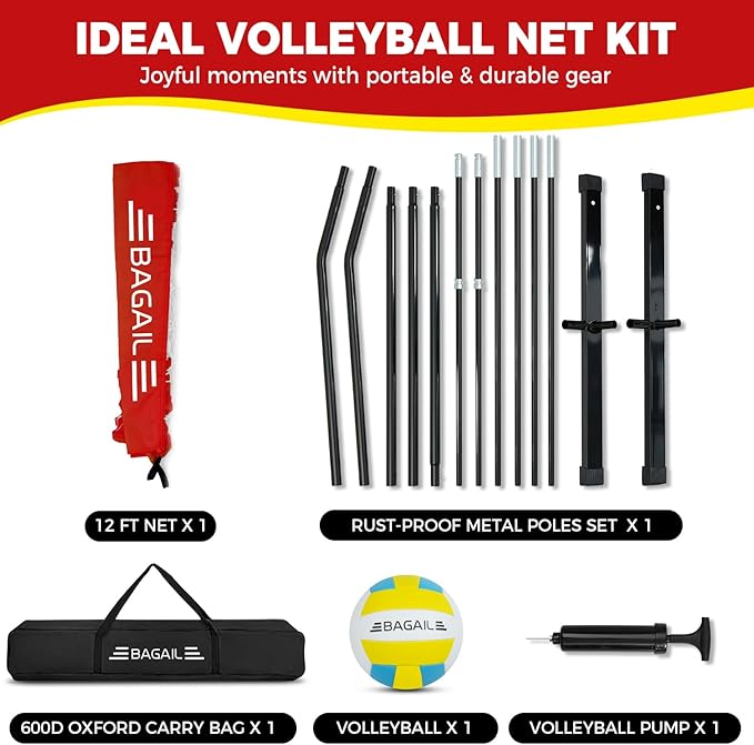 BAGAIL Volleyball Net, 12ft/20ft Portable Volleyball Net for Backyard - Adjustable Height, Heavy-Duty Frame, Freestanding Design - Portable Outdoor/Indoor Volleyball Set with Carry Bag