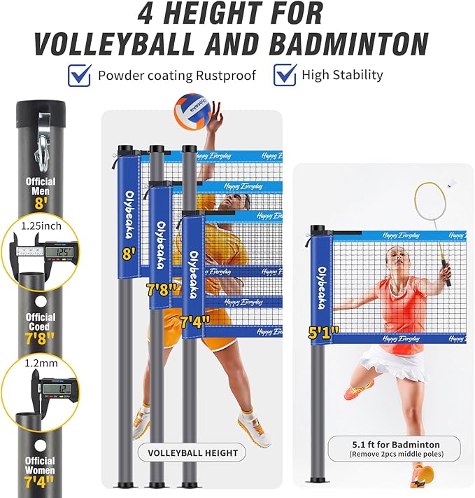 Badminton & Volleyball Combo Set 32 ft with Net, Anti-Sagging Design, 4 Badminton Rackets, 3 Birdies and PU Volleyball for Backyard Lawn Beach