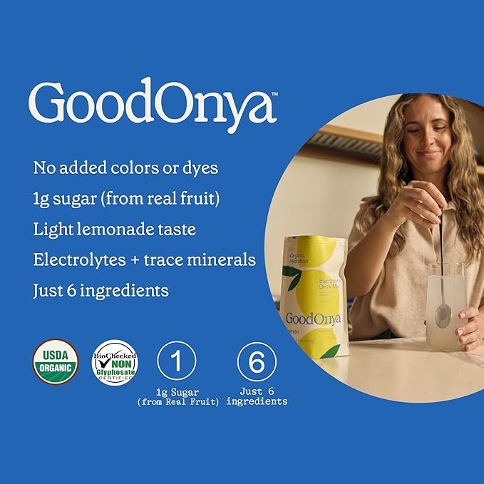 GOODONYA Organic Hydration Electrolyte Drink Mix, Certified Organic Hydration Powder, Non-GMO, Biochecked Glyphosate Free, Low Sugar, Lemonade Flavor, No Artificial Flavors, 42 Servings
