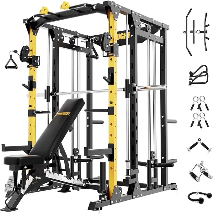 F4 Smith Machine, Power cage with Adjustable Cable Crossover System, All-in-One Squat Rack Training Equipment for Home Gym