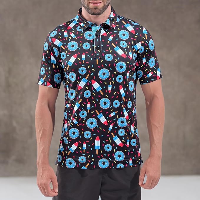 DEOLAX Mens Polo Shirts Fashion Print Mens Golf Shirt Dry Fit Mens Golf Polo Short Sleeve Quick Dry Funny Golf Shirt for Men