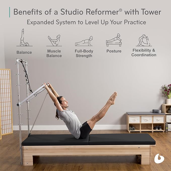Balanced Body Studio Pilates Reformer with Sitting Exercise Box, Pilates Machine for Studio or at-Home Gym Equipment, Exercise Equipment for Fitness and Well-Being