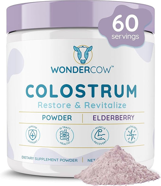 Colostrum Supplement Powder for Gut Health, Immune Support, Muscle Recovery & Wellness | Natural IgG Pure Whole Bovine Colostrum Superfood, Elderberry, 60 Servings