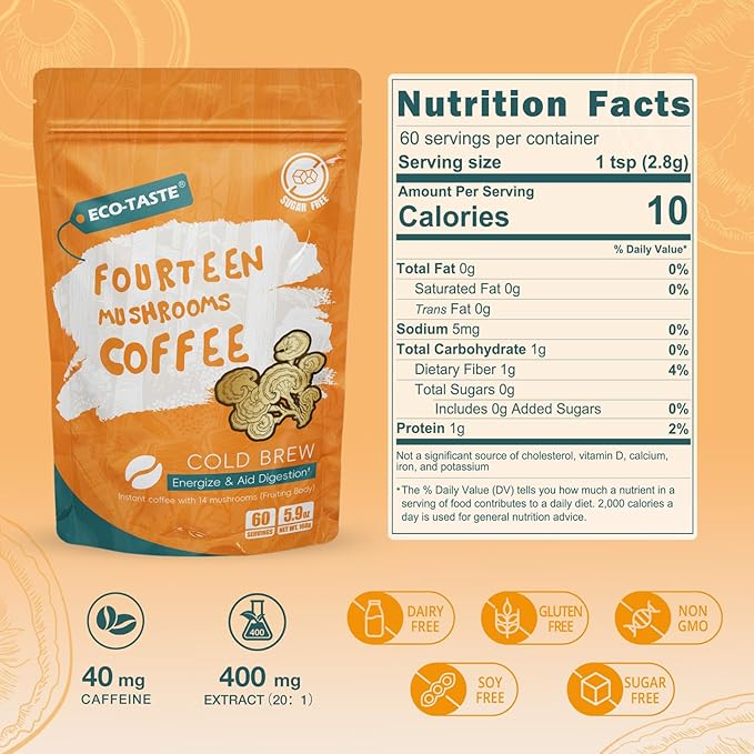 Cold Brew Mushrooms Coffee 14 in 1-60 Servings, Arabica Coffee with Lion's Mane, Reishi, Maitake, Turkey Tail, Chaga Fruiting Body Extract, 30% Beta-Glucan for Focus & Gut Health Support, 5.9oz