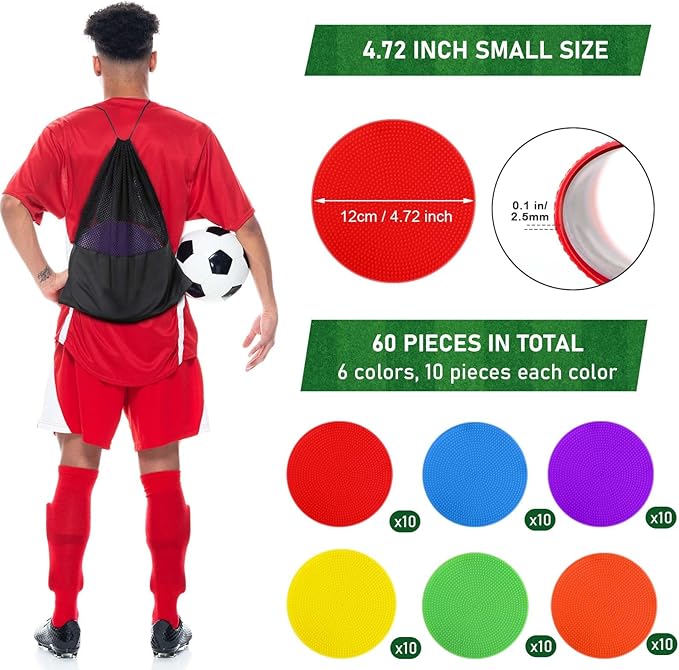 60 Pcs Poly Spot Markers Non-Slip Rubber Floor Dots for Gym, Flat Cones Agility Markers Poly Dots for Gym Floor Spot Markers for Sports Soccer Basketball Speed Agility Training Dance Classroom