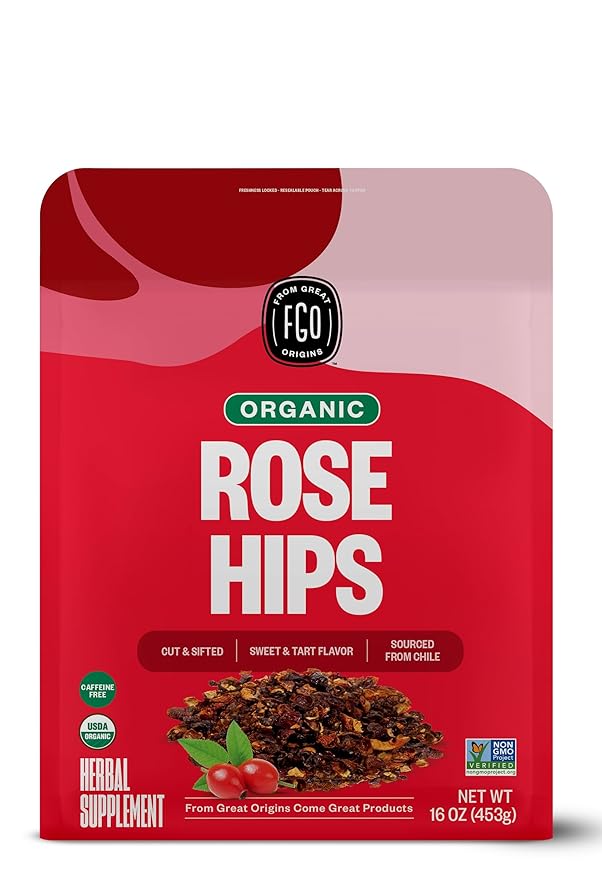 FGO Organic Rosehips Tea, Cut and Sifted, 16 Ounce Resealable Bag, Packaging May Vary (Pack of 1)