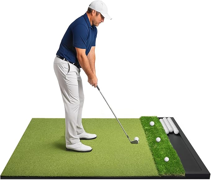 Golf Hitting Mat with Ball Tray 5x4ft - 6x4ft Dual-Turf Practice Mat for Indoor & Outdoor Use Golf Training Mat with Rubber Tee Holes, Suitable for Swing Driving & Chipping