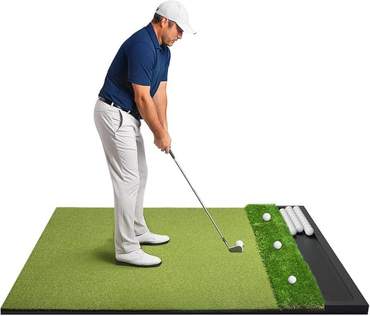 Golf Hitting Mat with Ball Tray 5x4ft - 6x4ft Dual-Turf Practice Mat for Indoor & Outdoor Use Golf Training Mat with Rubber Tee Holes, Suitable for Swing Driving & Chipping
