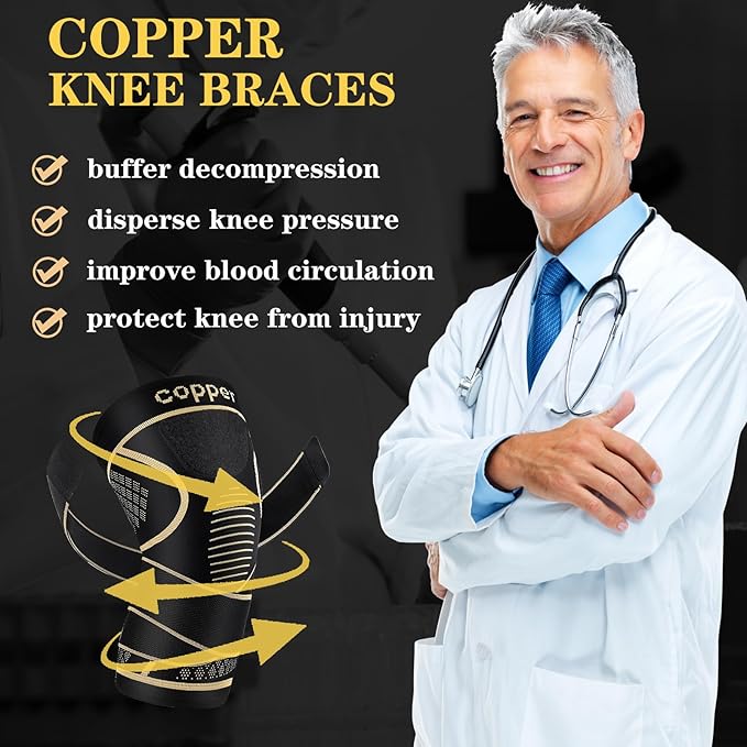 Copper Knee Braces with Strap for Knee Pain Women and Men(2 Pack), Knee Compression Sleeve for Arthritis, ACL, Meniscus Tear, Joint Pain Relief, Knee Support for Working, Running, Weightlifting(L)