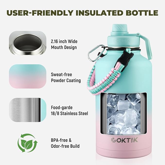 Half Gallon Insulated Water Bottle, 64 oz Triple Wall Stainless Steel Flask, Keeps Drinks Cold for 48 Hrs Leak-Proof & BPA-Free Half Gallon Jug with Paracord Handle, Straw & Spout Lids(Bubble Gum)