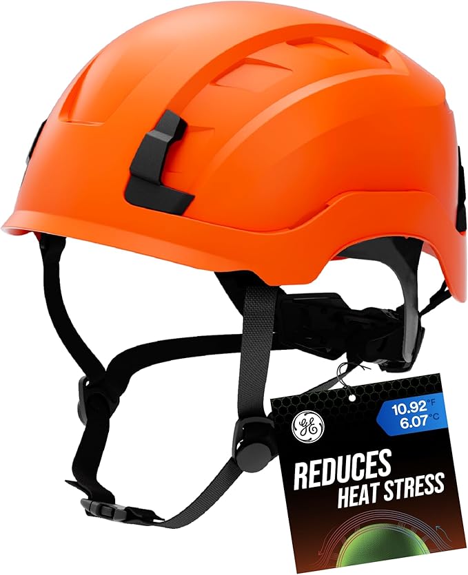 GE Safety Helmet, Impact Absorbing Tech, Adjustable Ratchet, ANSI Type 1, Memory Foam Padding, Hard Hats Protection, Lightweight, Durable, Chin Strap, Comfortable Fit OSHA Approved
