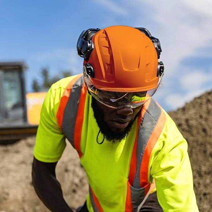 GE Safety Helmet, Impact Absorbing Tech, Adjustable Ratchet, ANSI Type 1, Memory Foam Padding, Hard Hats Protection, Lightweight, Durable, Chin Strap, Comfortable Fit OSHA Approved