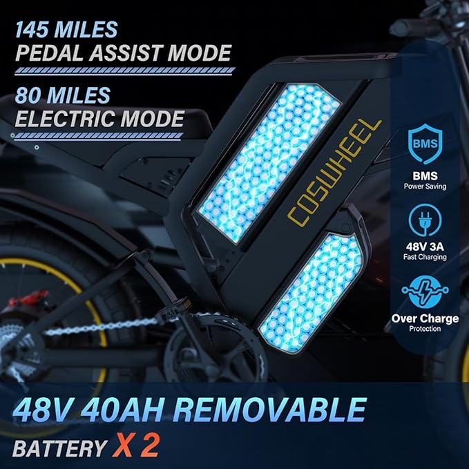 COSWHEEL GT20 Electric Bike for Adults 2000/3000/4000W 48V/25/40AH Removable Battery 83-145Miles 7-Speed 20x4Tires Dirtbike Mountain Electric Motorcycle for Rocky Off-Road Riding