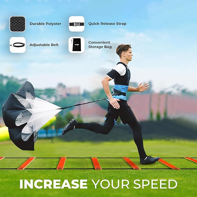 Agility Ladder Speed Training Equipment Set-2x 20ft Agility Ladder,12 Soccer Cones,4 Adjustable Hurdles, Jump Rope, Running Parachute| Basketball Football Soccer Training Equipment for Kids Adults